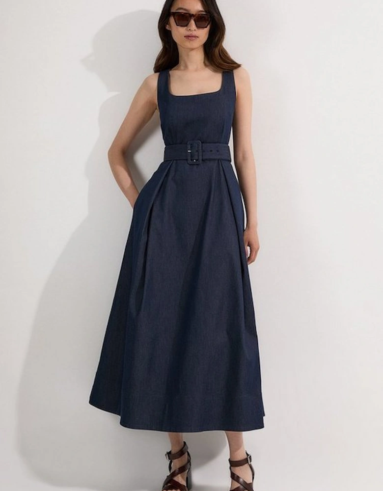 Tailored Denim Full Skirt Midi Dress