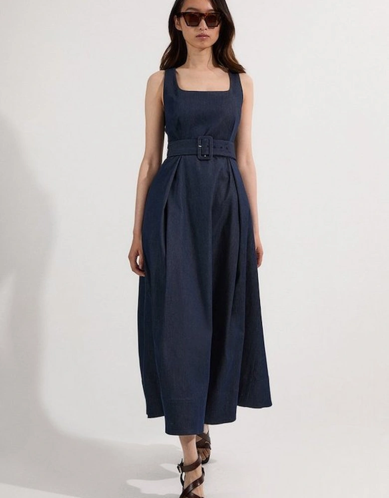 Tailored Denim Full Skirt Midi Dress