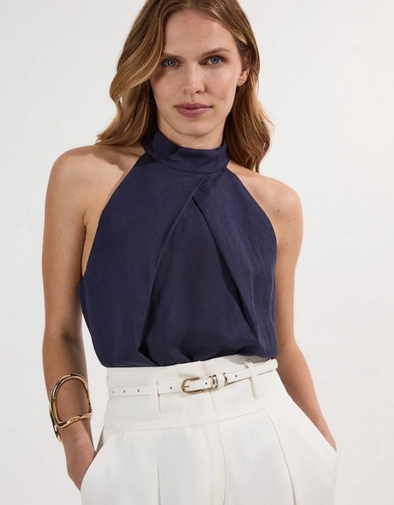 Viscose Linen Cross Front Halter Neck Woven Top