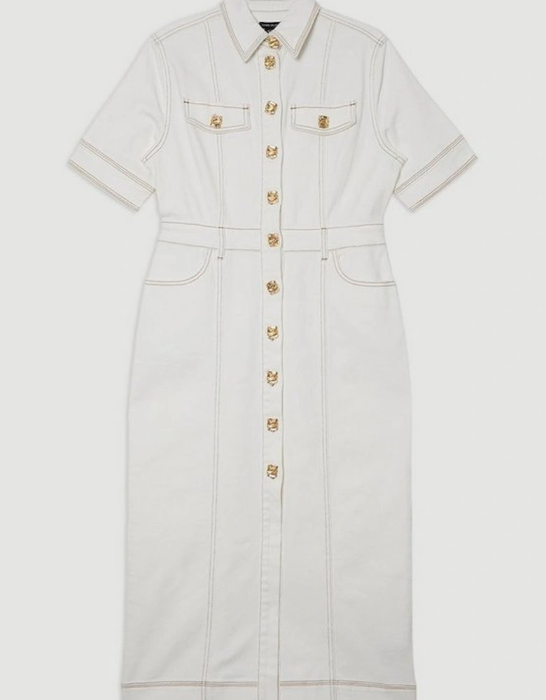 Denim Button Front Short Sleeve Pencil Midi Dress