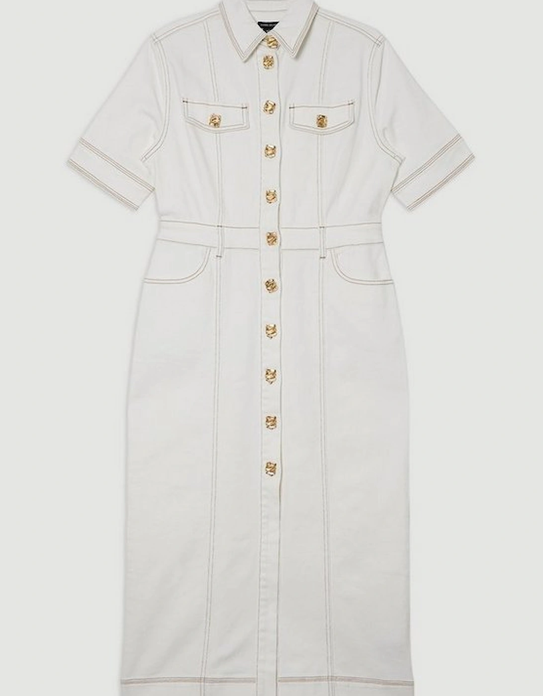 Denim Button Front Short Sleeve Pencil Midi Dress