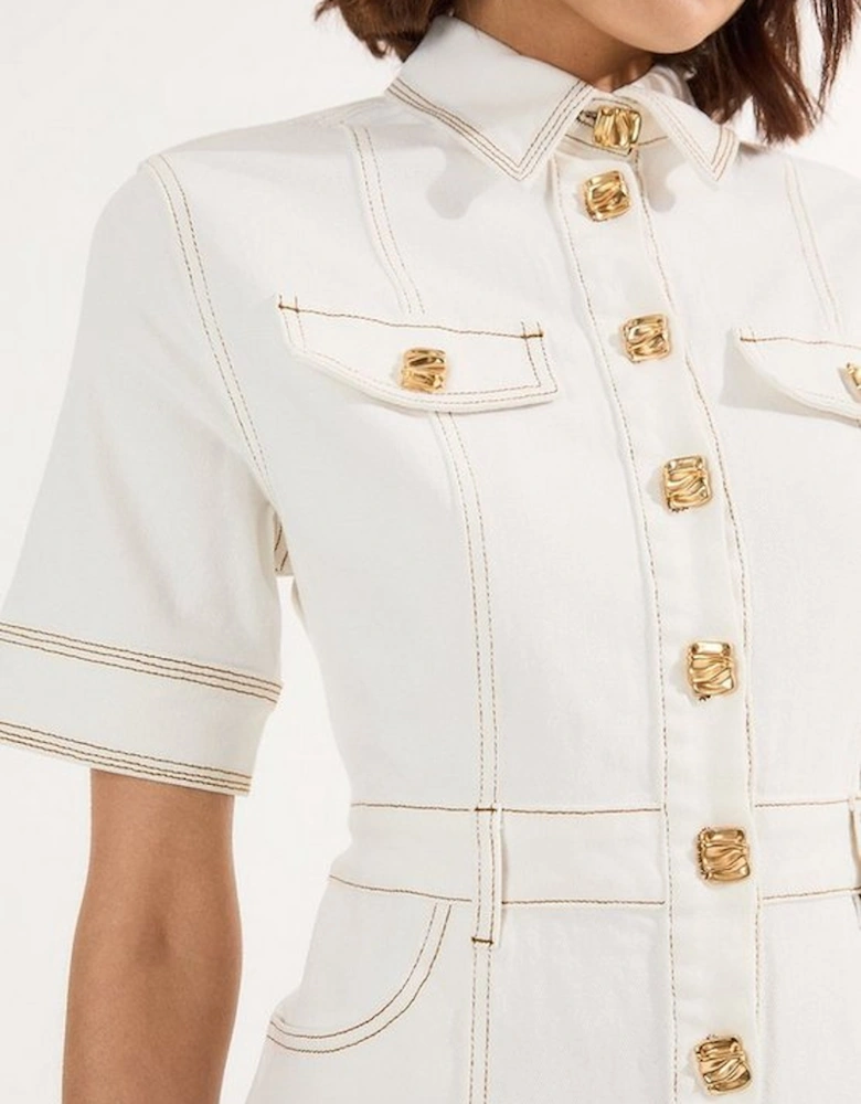 Denim Button Front Short Sleeve Pencil Midi Dress