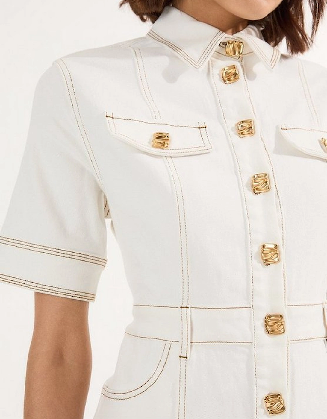 Denim Button Front Short Sleeve Pencil Midi Dress