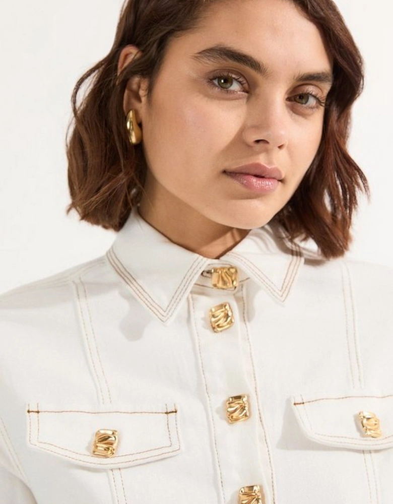 Denim Button Front Short Sleeve Pencil Midi Dress