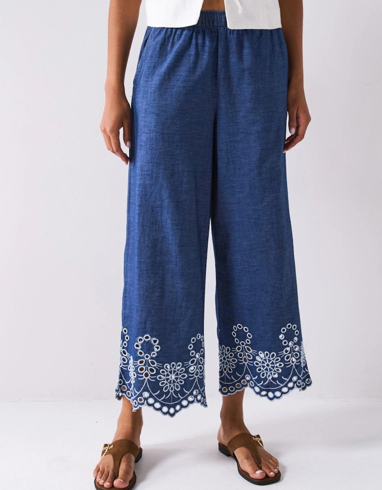 Margot High Waist Embroidery Ankle Pant - Blue