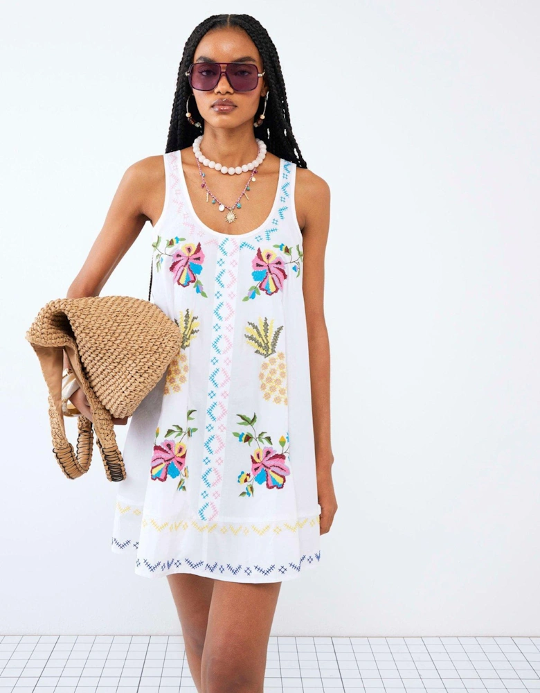 Embellished Shift Dress - White