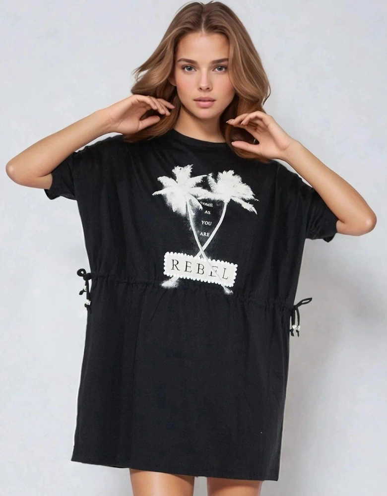 Topaz Jersey Beaded Rebel Graphic Tunic Dress - Black