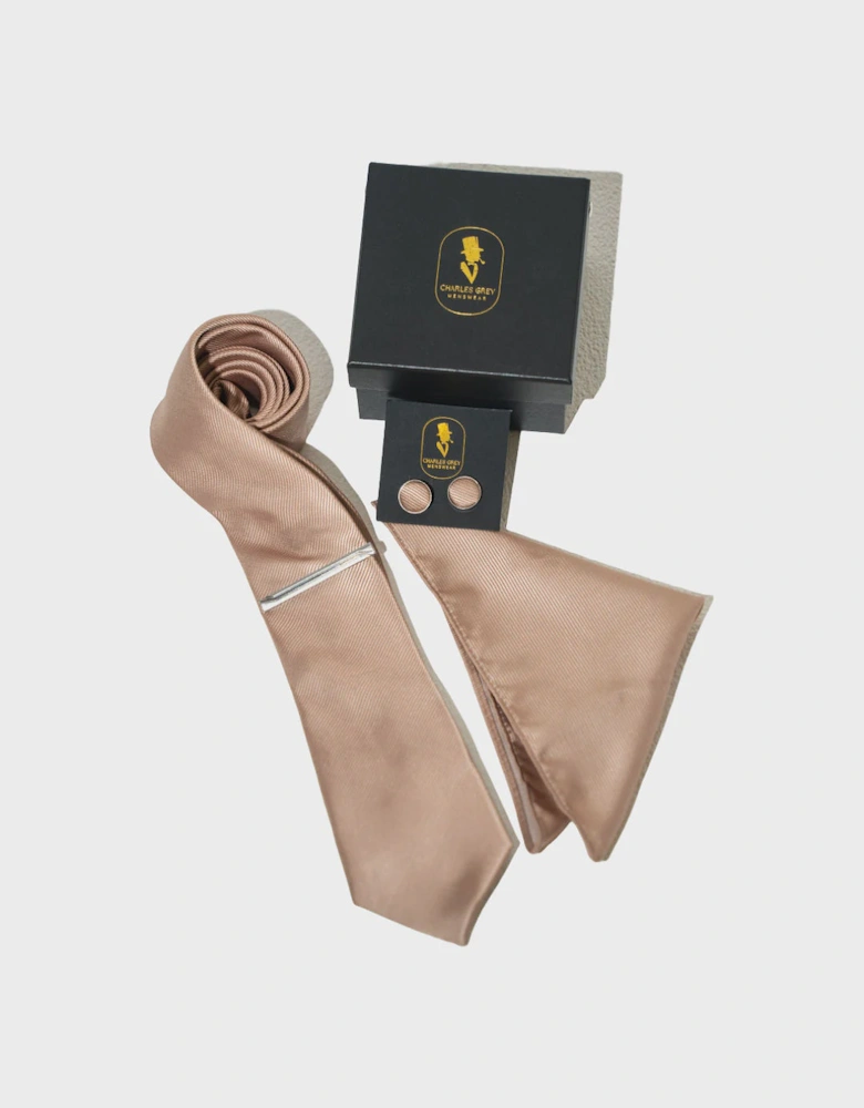 Tie, Pocket Square, Cuff Link & Tie Clip Set - Champagne