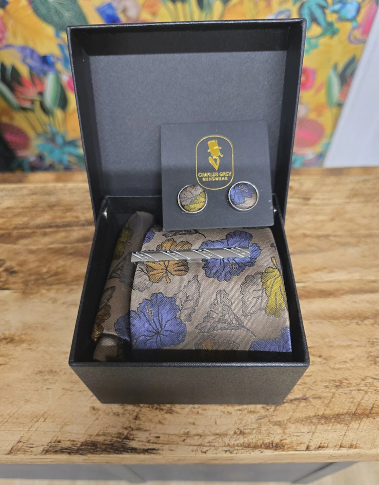 Tie, Pocket Square, Cuff Link & Tie Clip Set - Floral