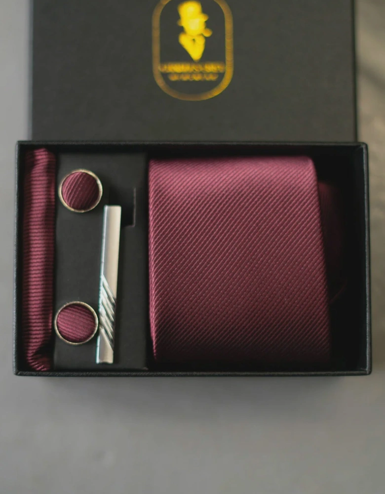 Tie, Pocket Square, Cuff Link & Tie Clip Set - Burgundy