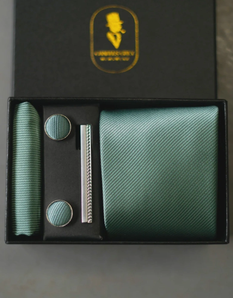 Tie, Pocket Square, Cuff Link & Tie Clip Set - Sage Green