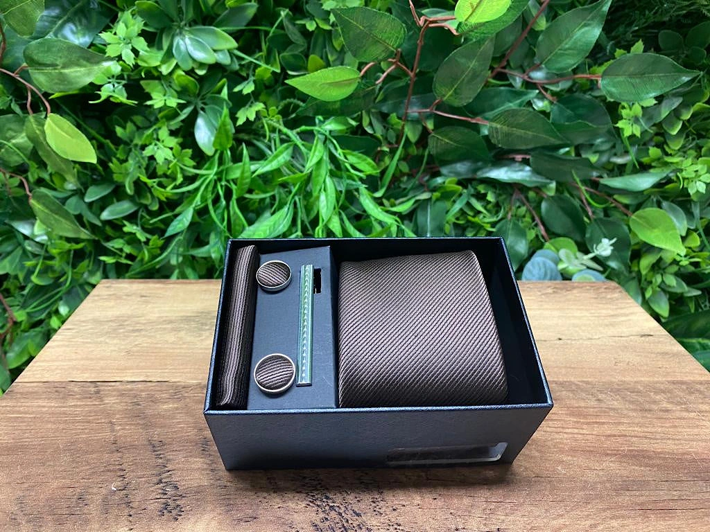 Tie, Pocket Square, Cuff Link & Tie Clip Set - Brown, 2 of 1