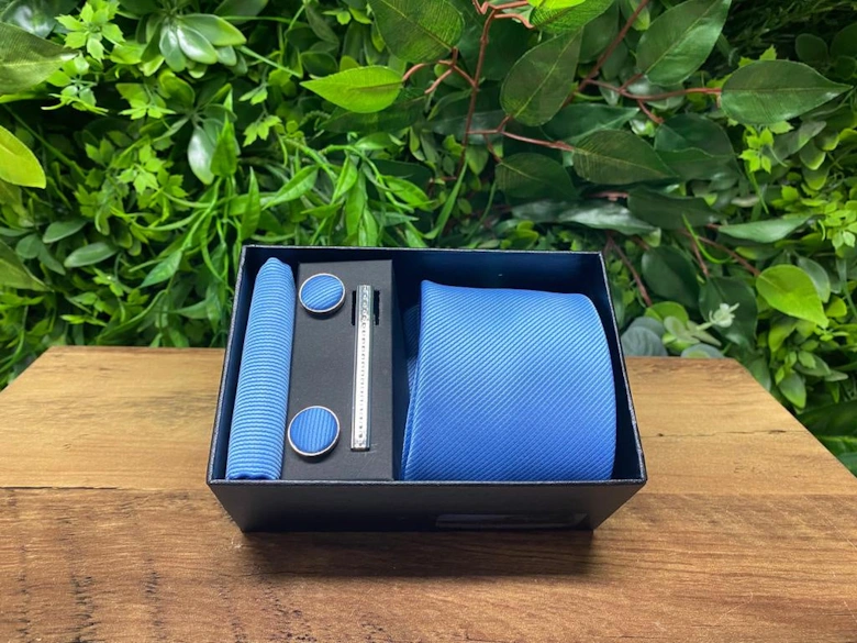 Tie, Pocket Square, Cuff Link & Tie Clip Set - Sky Blue