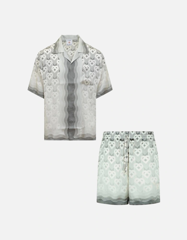 Gradient Heart Monogram Silk Shirt & Shorts Set in Grey