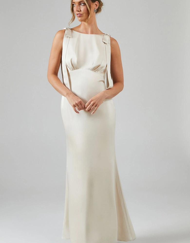 Honoured Petite Sleeveless High Neck Tie Shoulder Satin Maxi Bridesmaid Dress