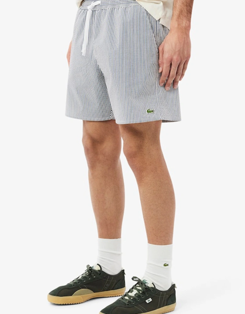 Mid Length Striped Textured Swim Trunks
