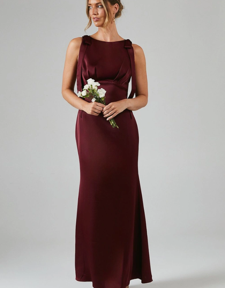 Honoured Petite Sleeveless High Neck Tie Shoulder Satin Maxi Bridesmaid Dress