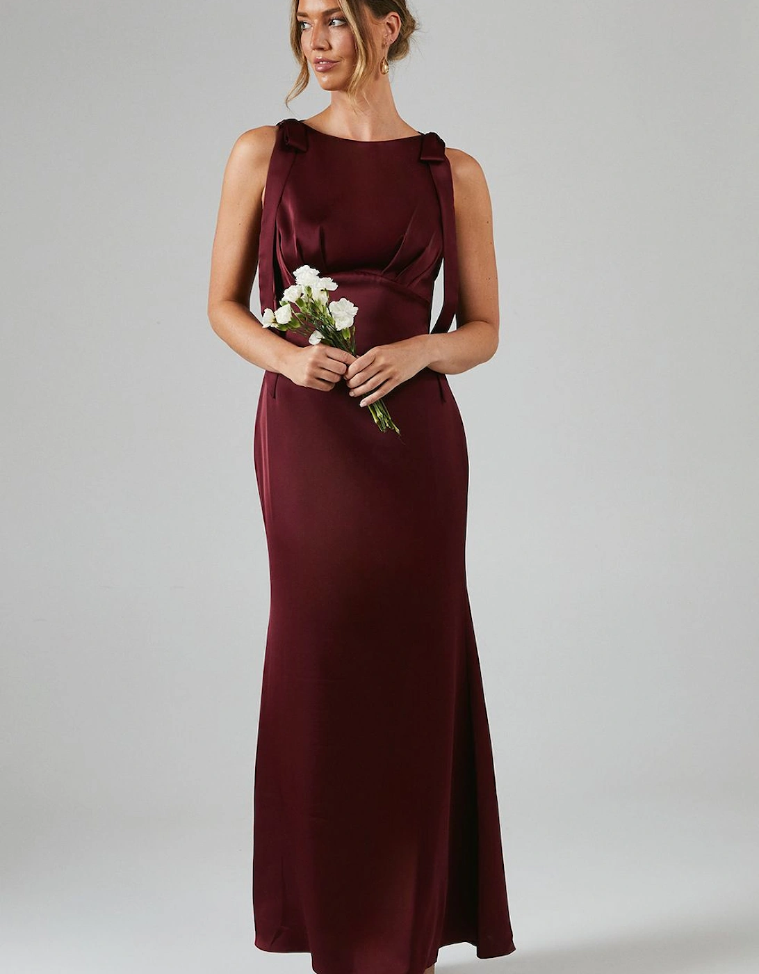 Honoured Petite Sleeveless High Neck Tie Shoulder Satin Maxi Bridesmaid Dress, 2 of 1