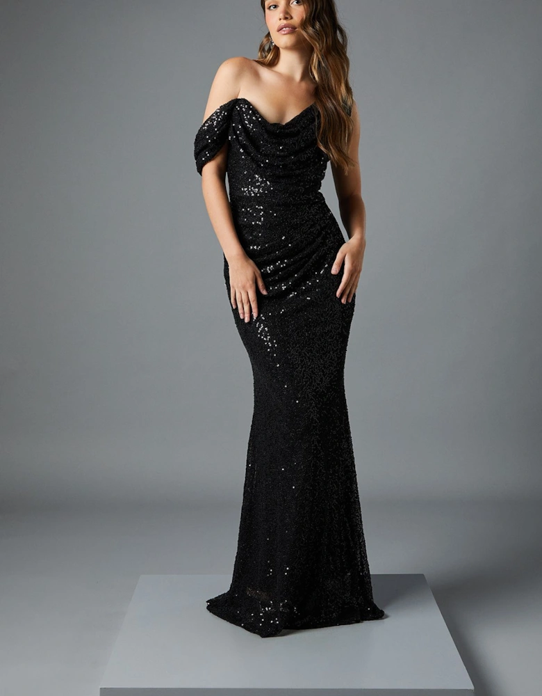 Sequin Cowl Neck Maxi Dress