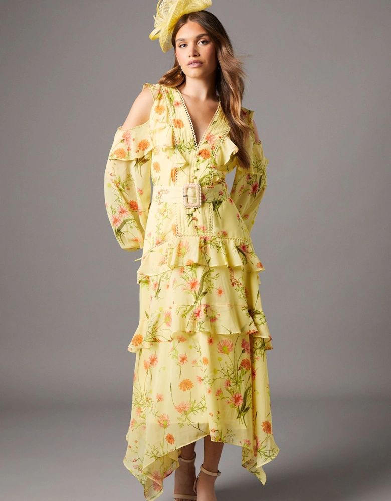 Cut Out Ruffle Belted Midi Dress
