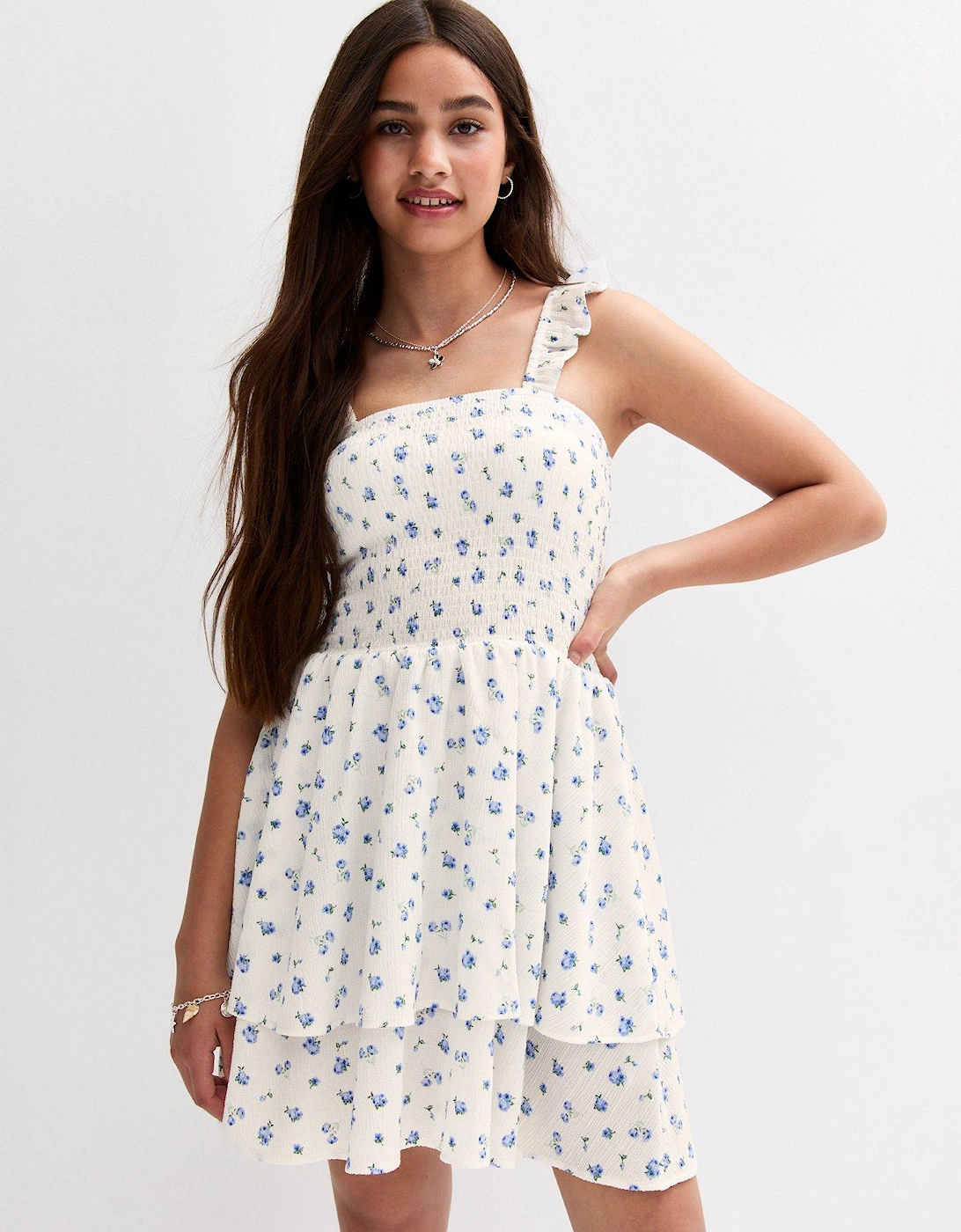 Girls White Floral Print Textured Dress, 2 of 1