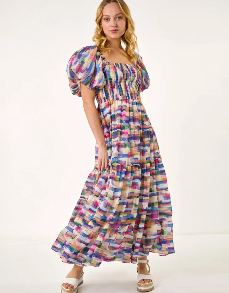 Dusk Abstract Puff Sleeve Tiered Dress - Pink