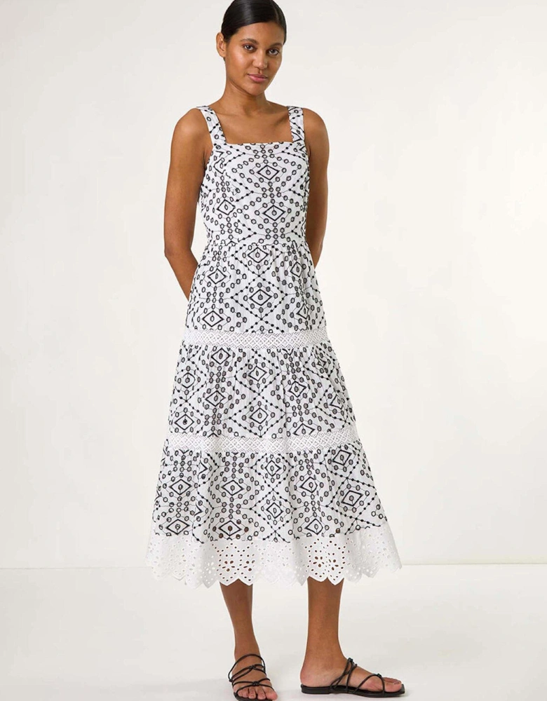 Broderie Strappy Midi Dress - Black