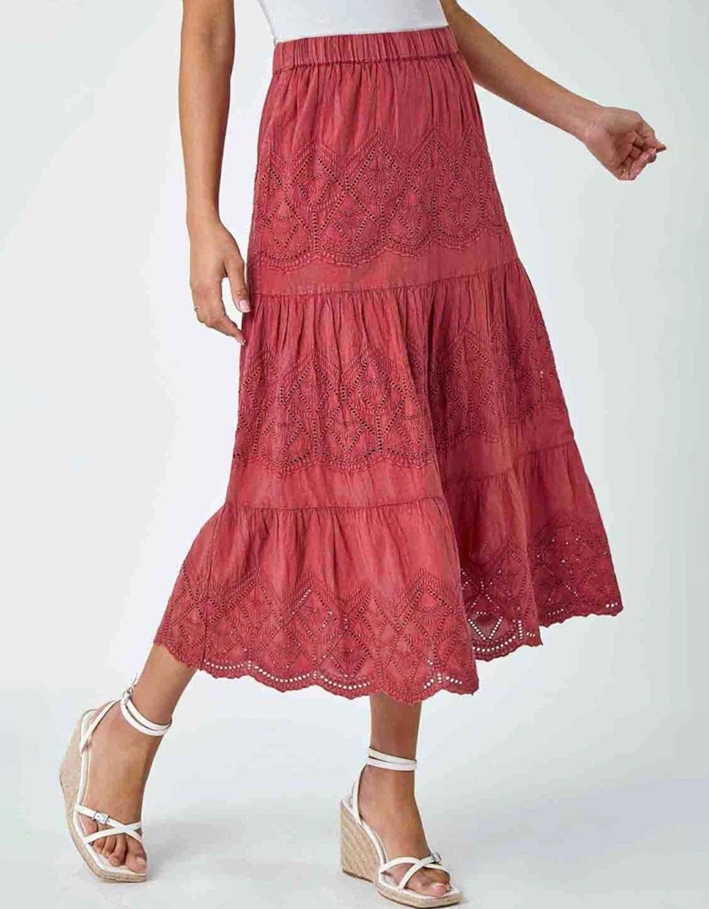 Broderie Elastic Waist A Line Tiered Midi Skirt