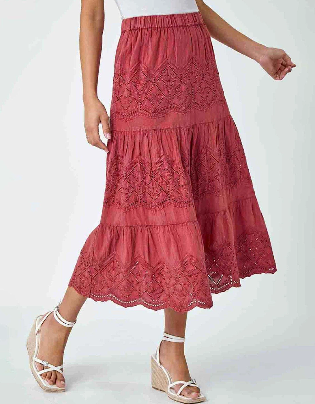 Broderie Elastic Waist A Line Tiered Midi Skirt, 2 of 1