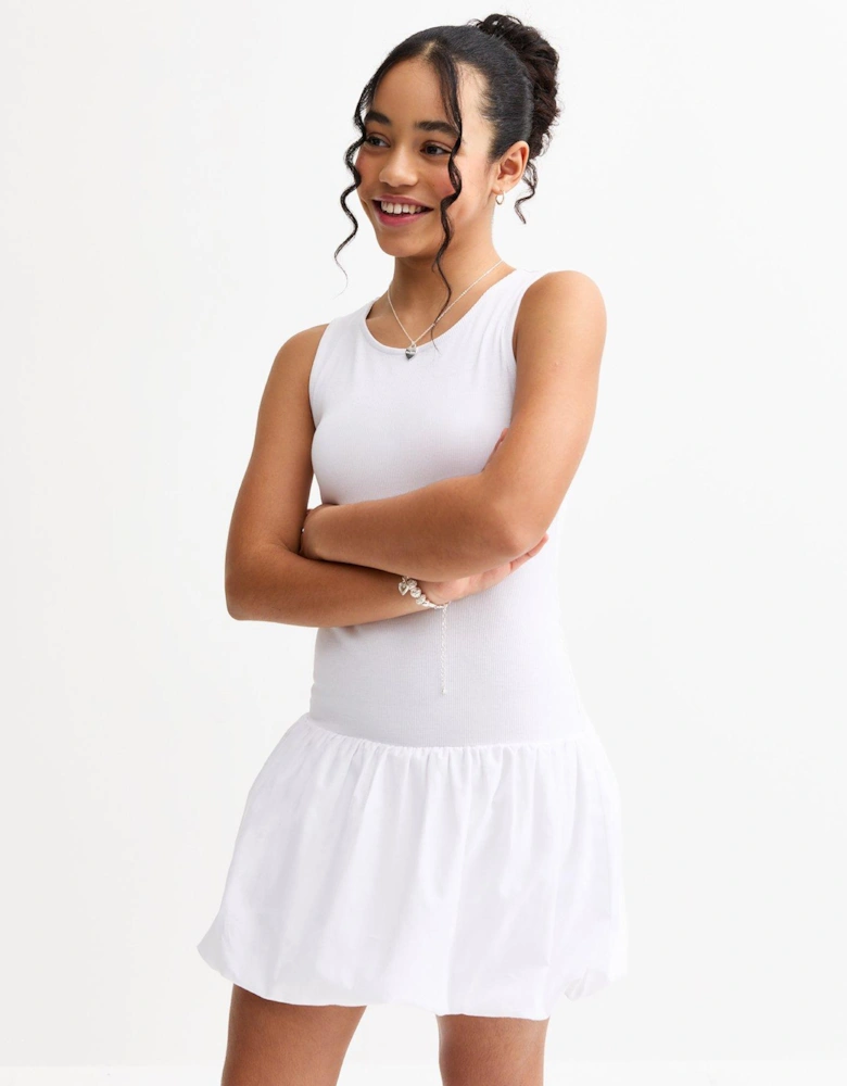 Girls White Puff Ball Racerback Ribbed Mini Dress