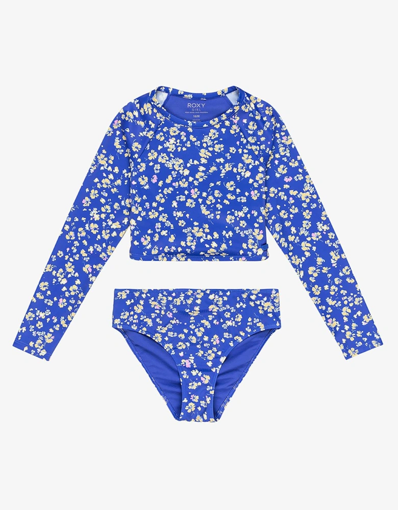 Girls Shadow Floral Crop Lycra Rashguard Set - Blue