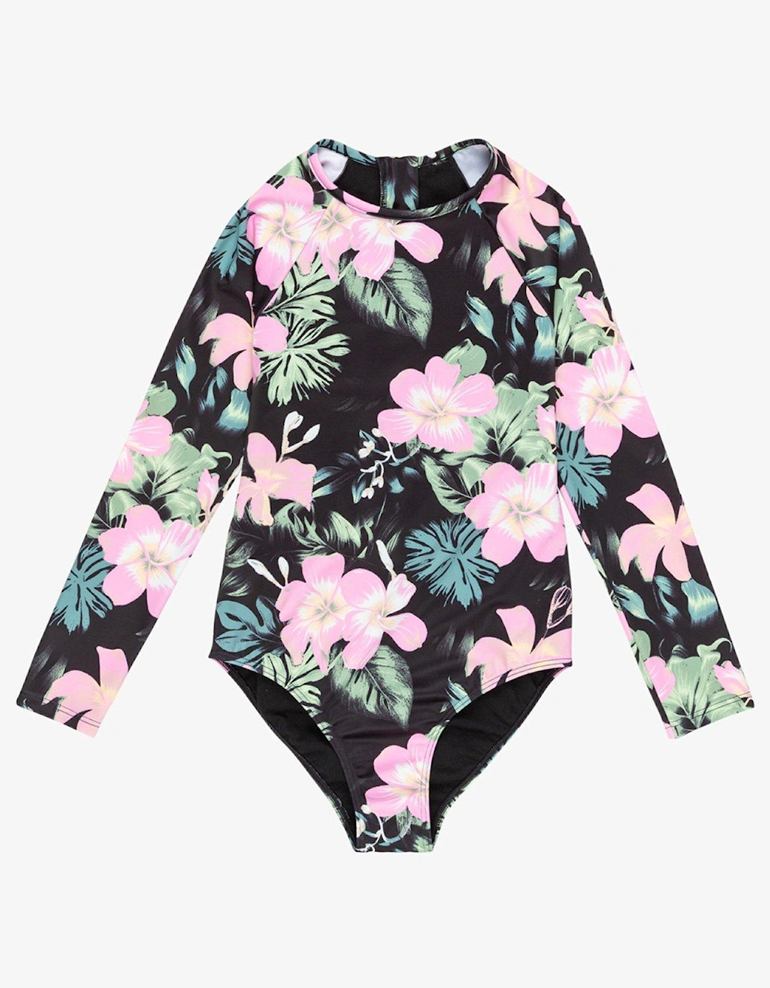 Girls Shadow Floral All-In-One Rashguard Swimsuit - Black, 2 of 1