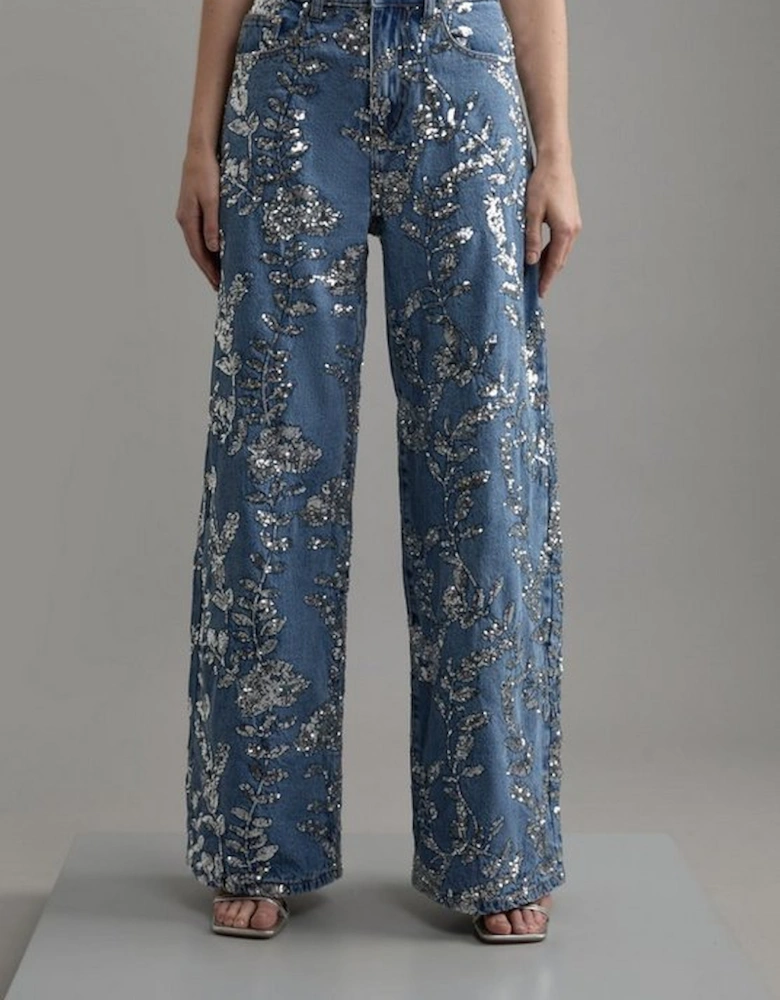 Denim All Over Floral Sequin Wide Leg Trousers