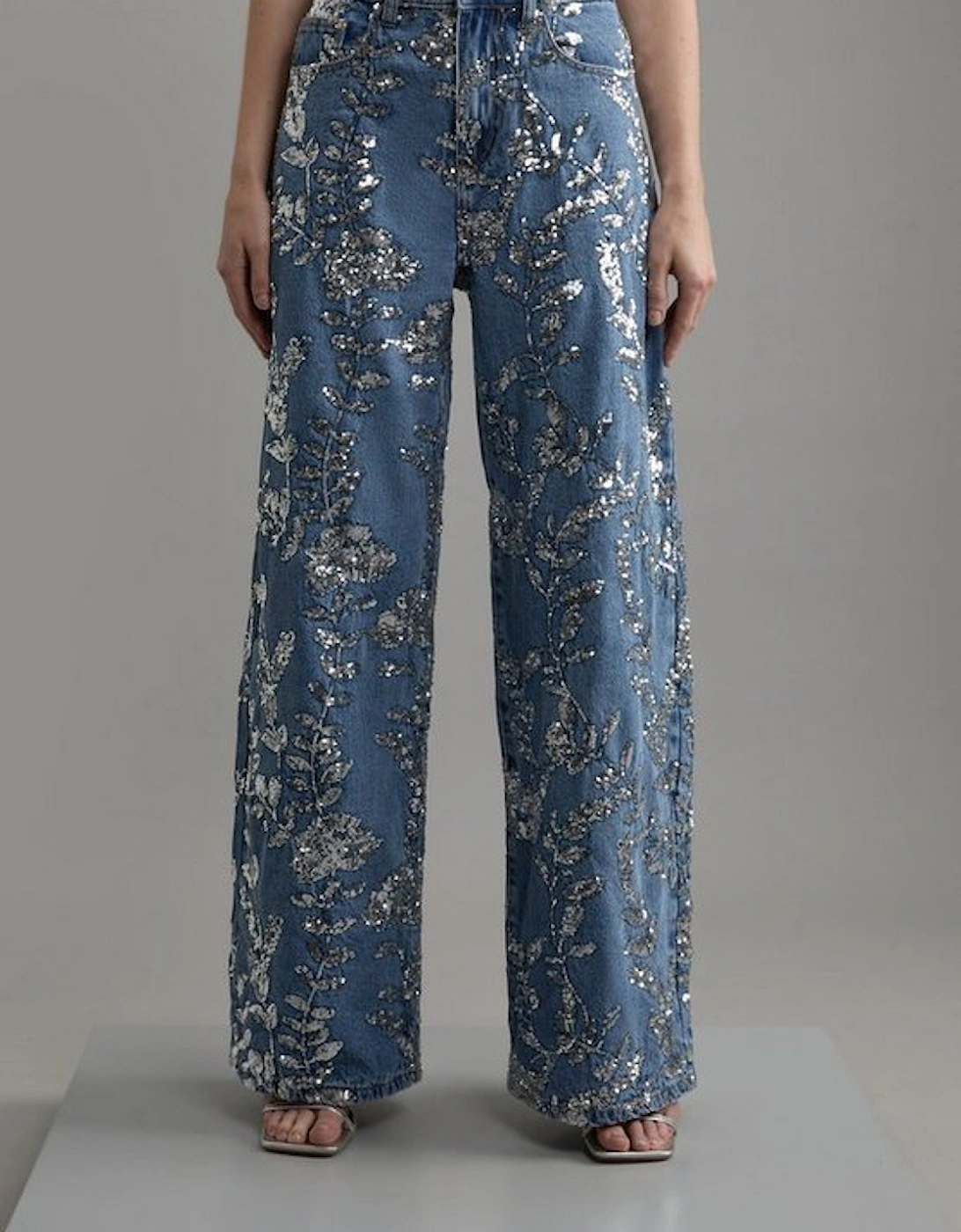 Denim All Over Floral Sequin Wide Leg Trousers