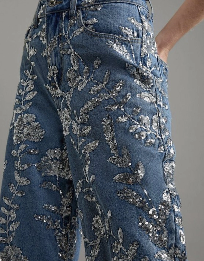 Denim All Over Floral Sequin Wide Leg Trousers