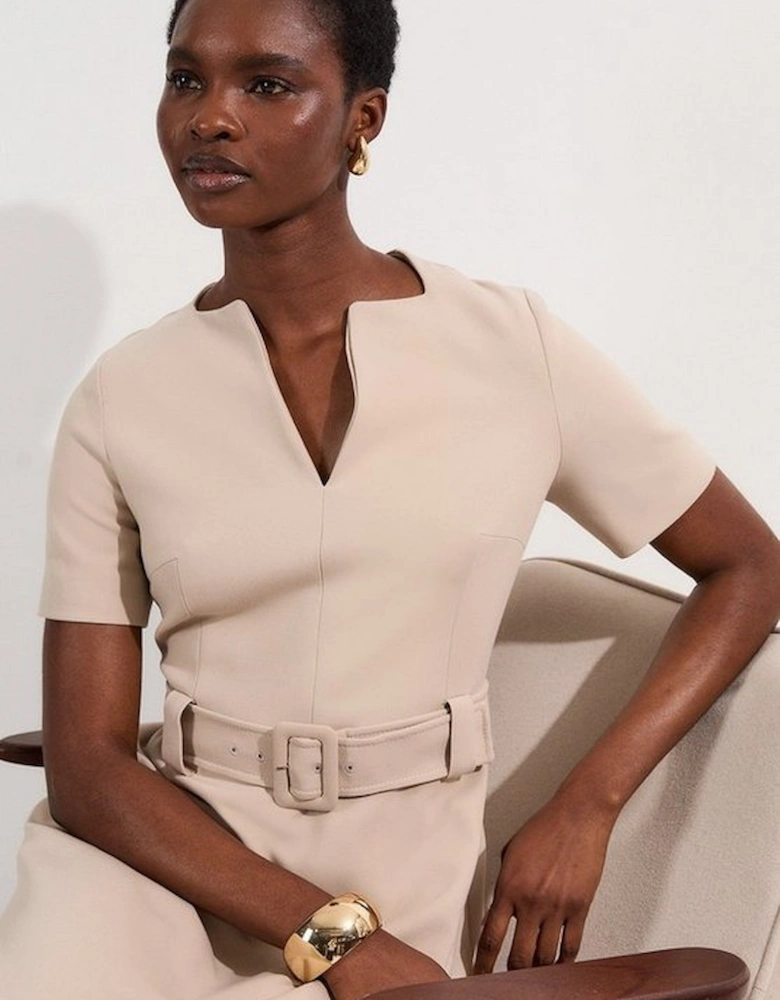Compact Stretch Belted Full Skirted Midi Dress