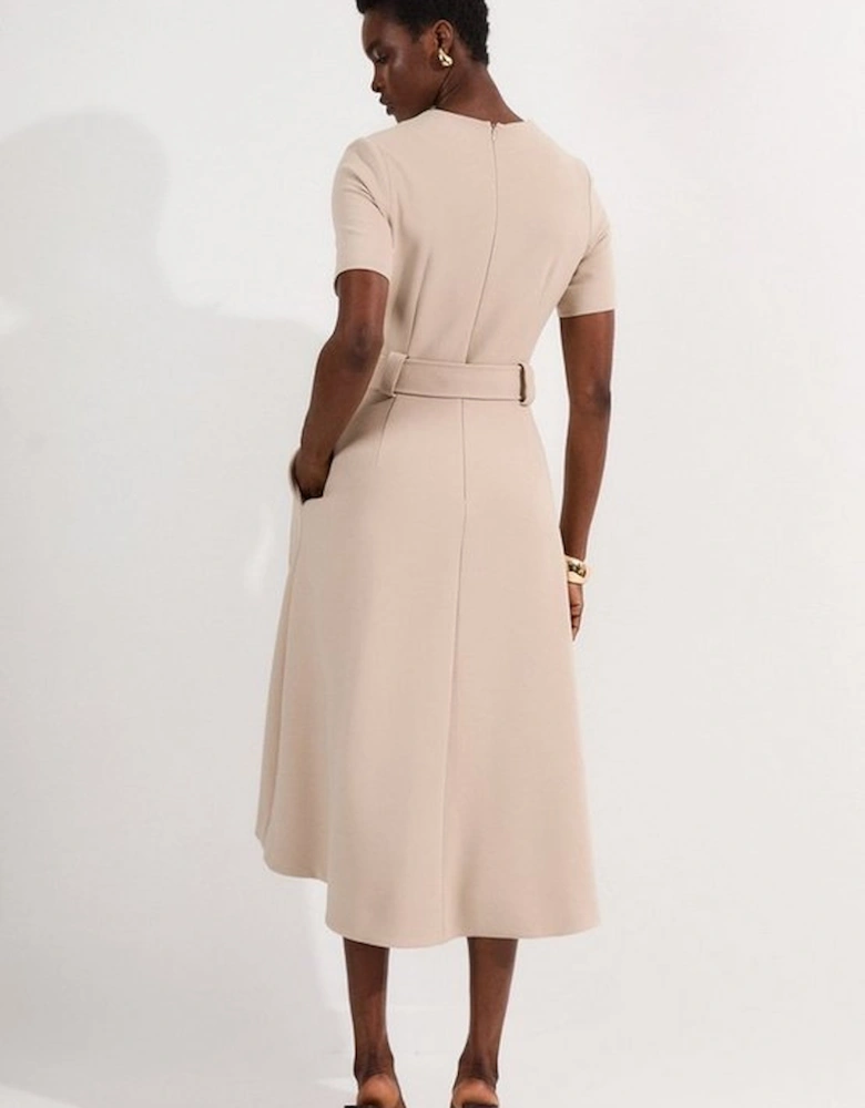 Compact Stretch Belted Full Skirted Midi Dress