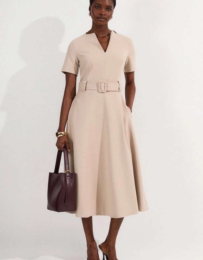 Compact Stretch Belted Full Skirted Midi Dress