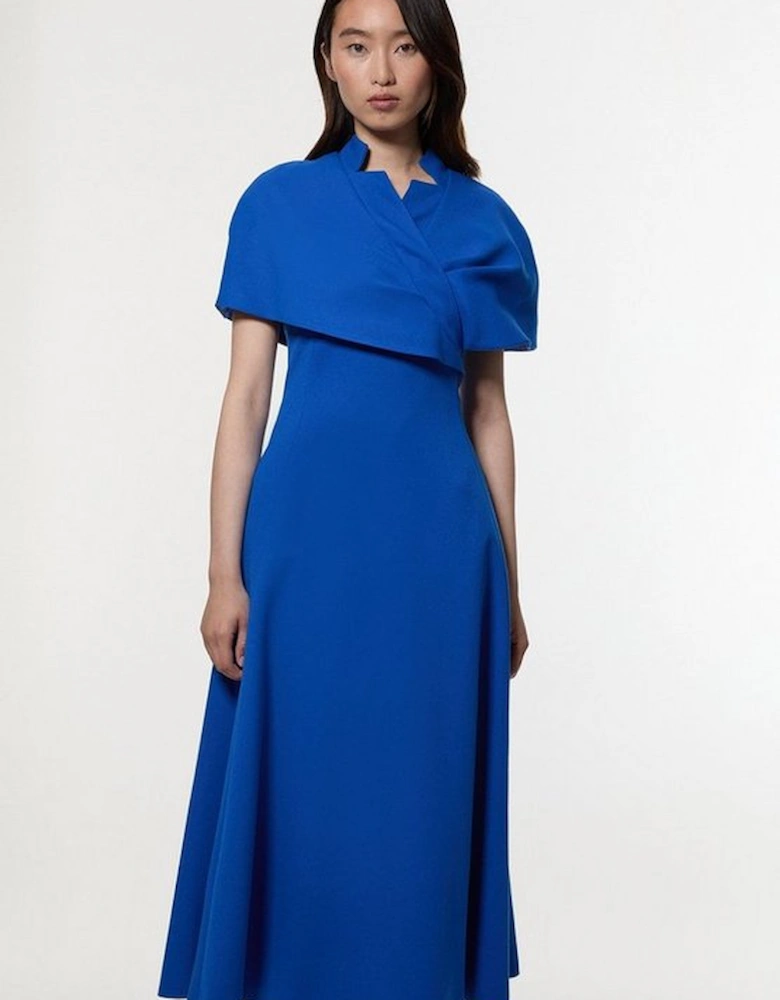 Structured Crepe Cape Detail Full Skirted Tailored Midi Dress