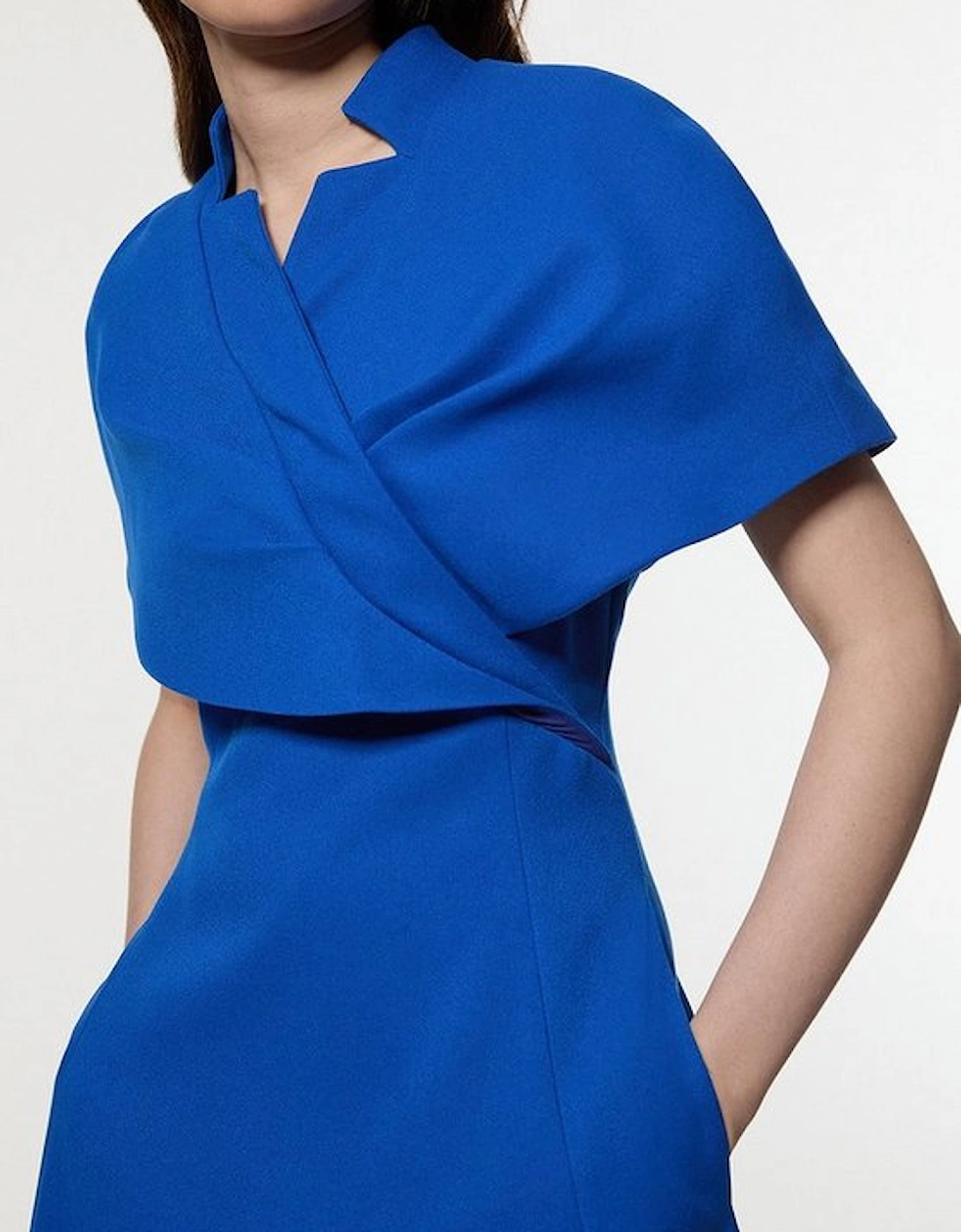 Structured Crepe Cape Detail Full Skirted Tailored Midi Dress