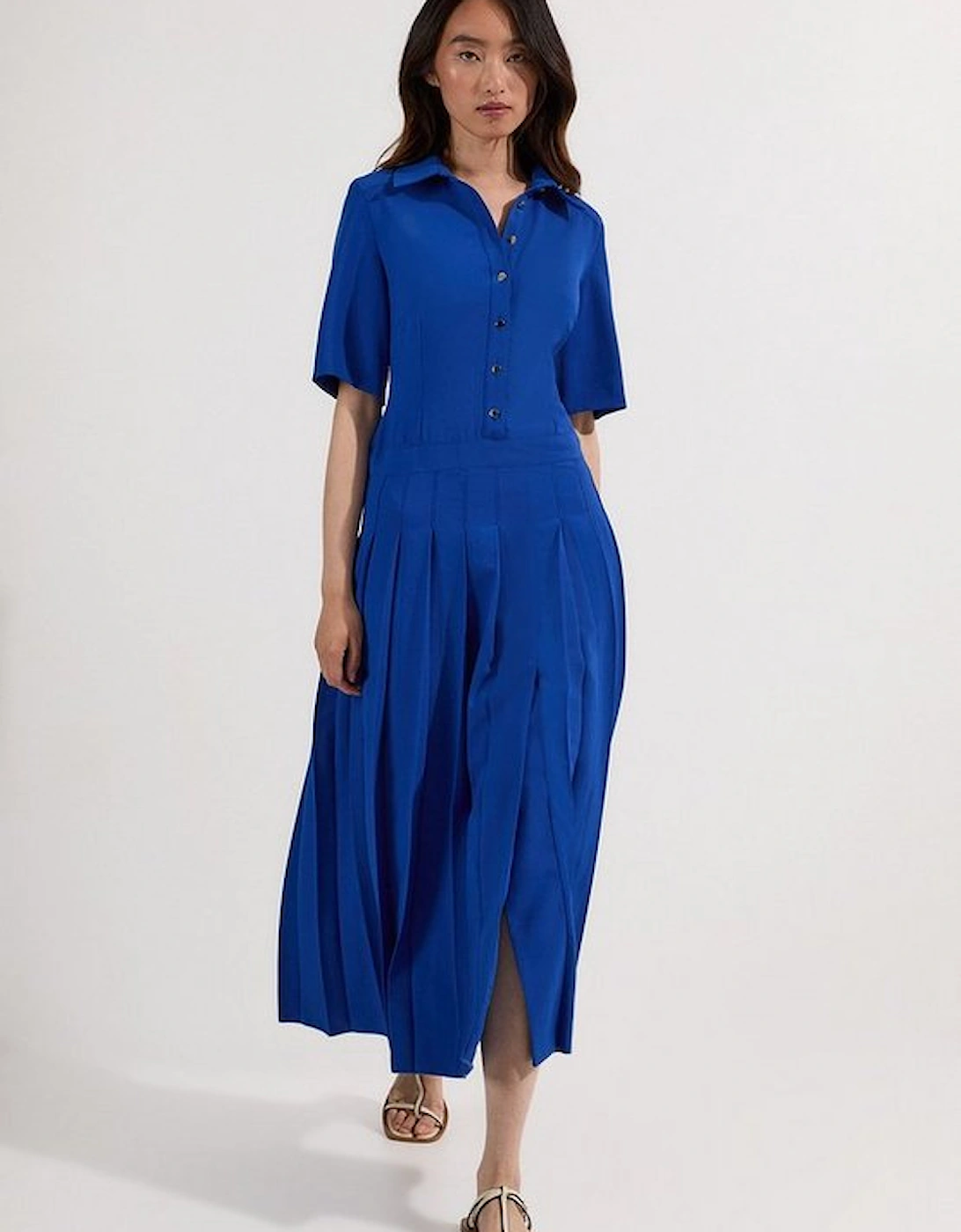 Tailored Crepe Pleated Shirt Dress, 4 of 3