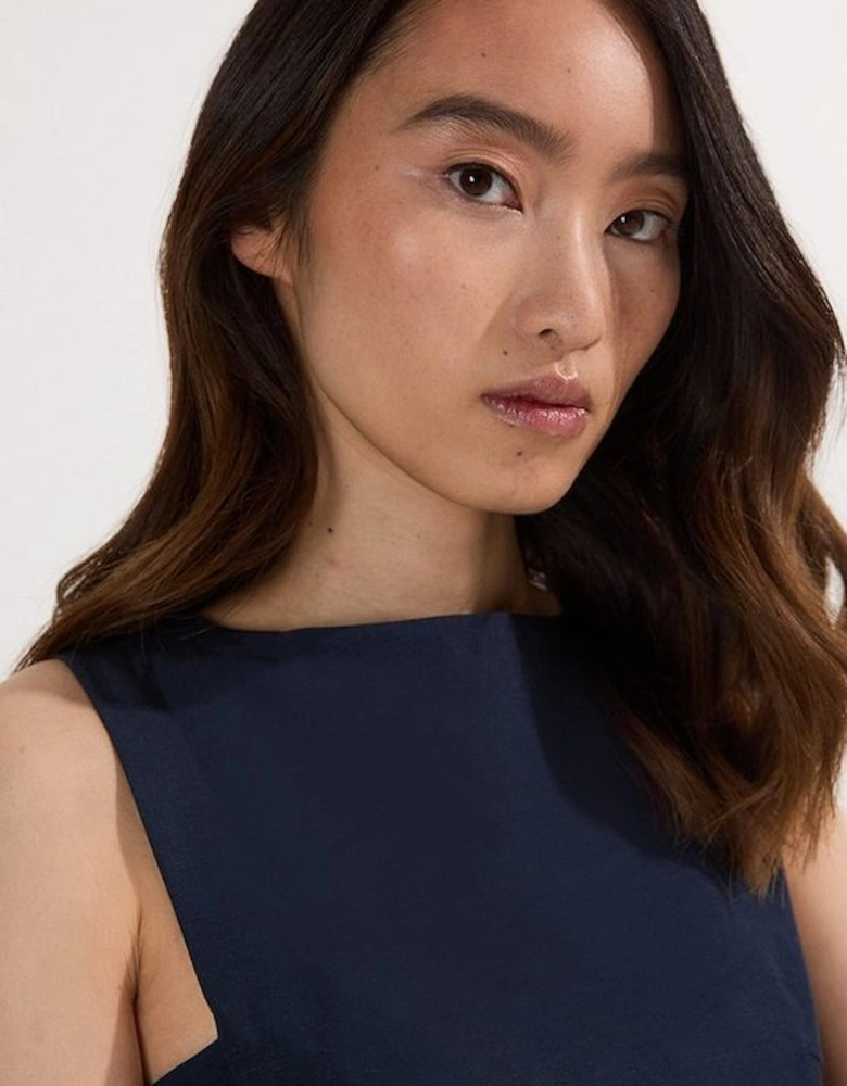 Premium Tailored Linen Tab Waist Pencil Midi Dress