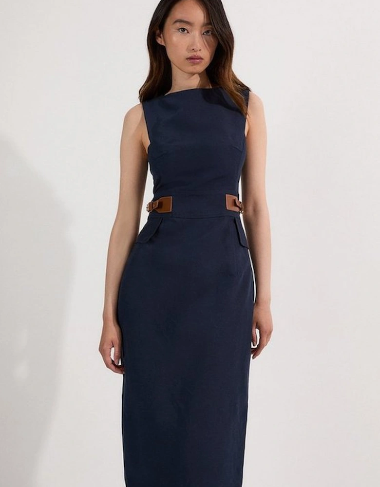 Premium Tailored Linen Tab Waist Pencil Midi Dress