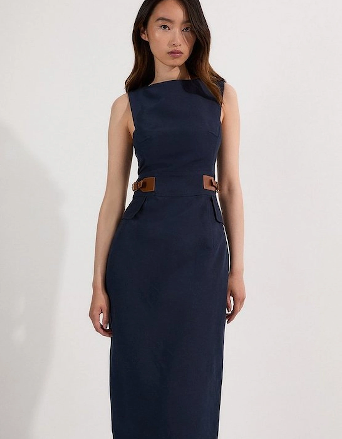 Premium Tailored Linen Tab Waist Pencil Midi Dress