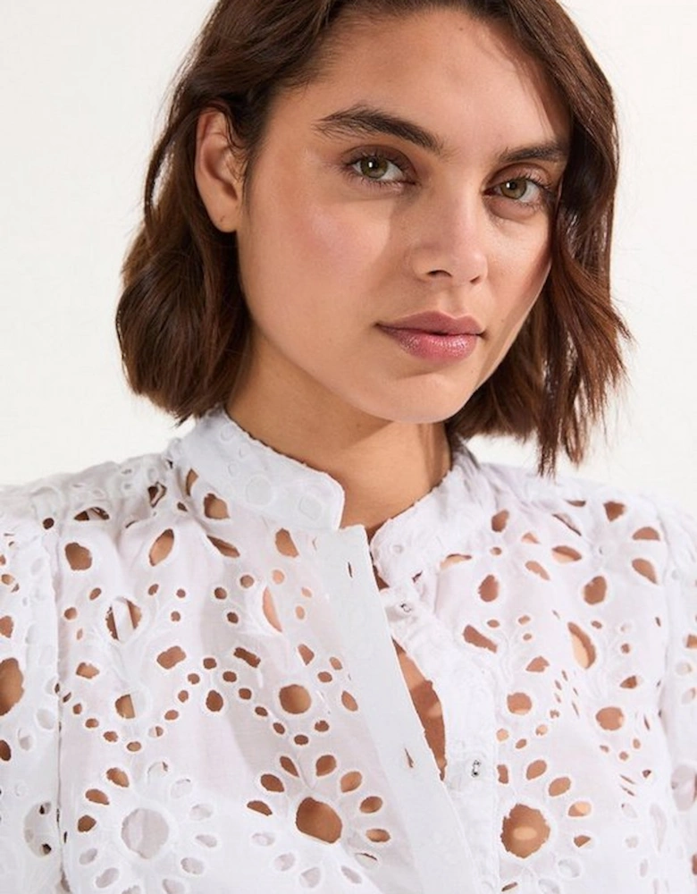 Cotton Broderie Belted Short Sleeve Woven Blouse