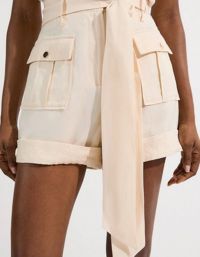 Linen Twill Top Stitch Belted Woven Short
