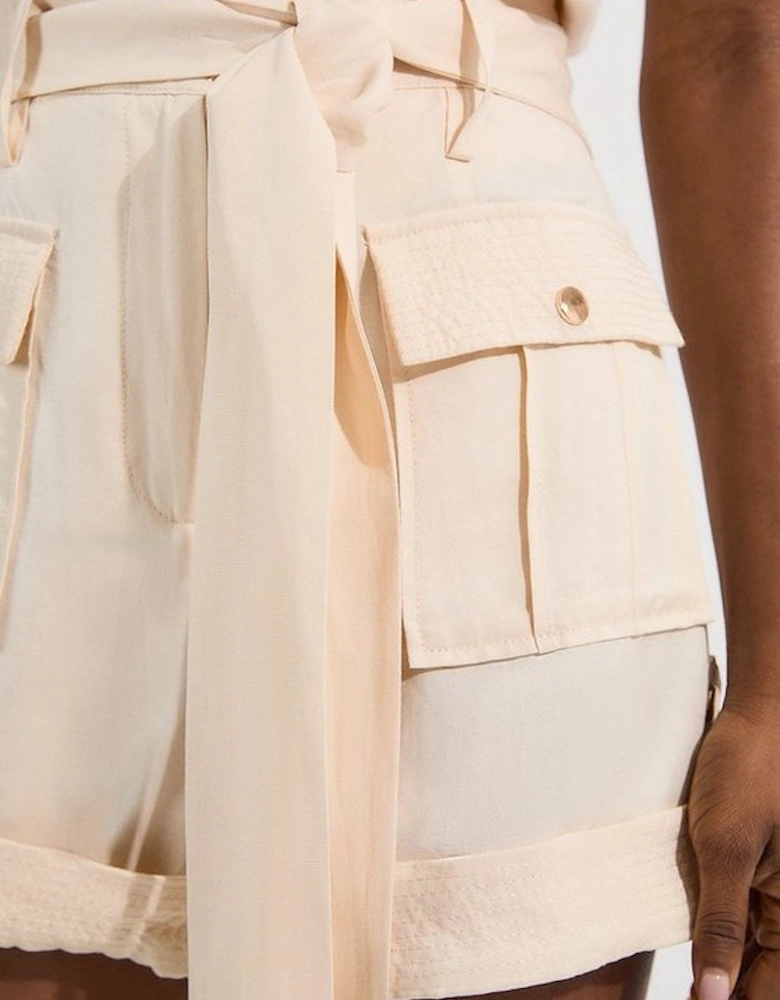 Linen Twill Top Stitch Belted Woven Short