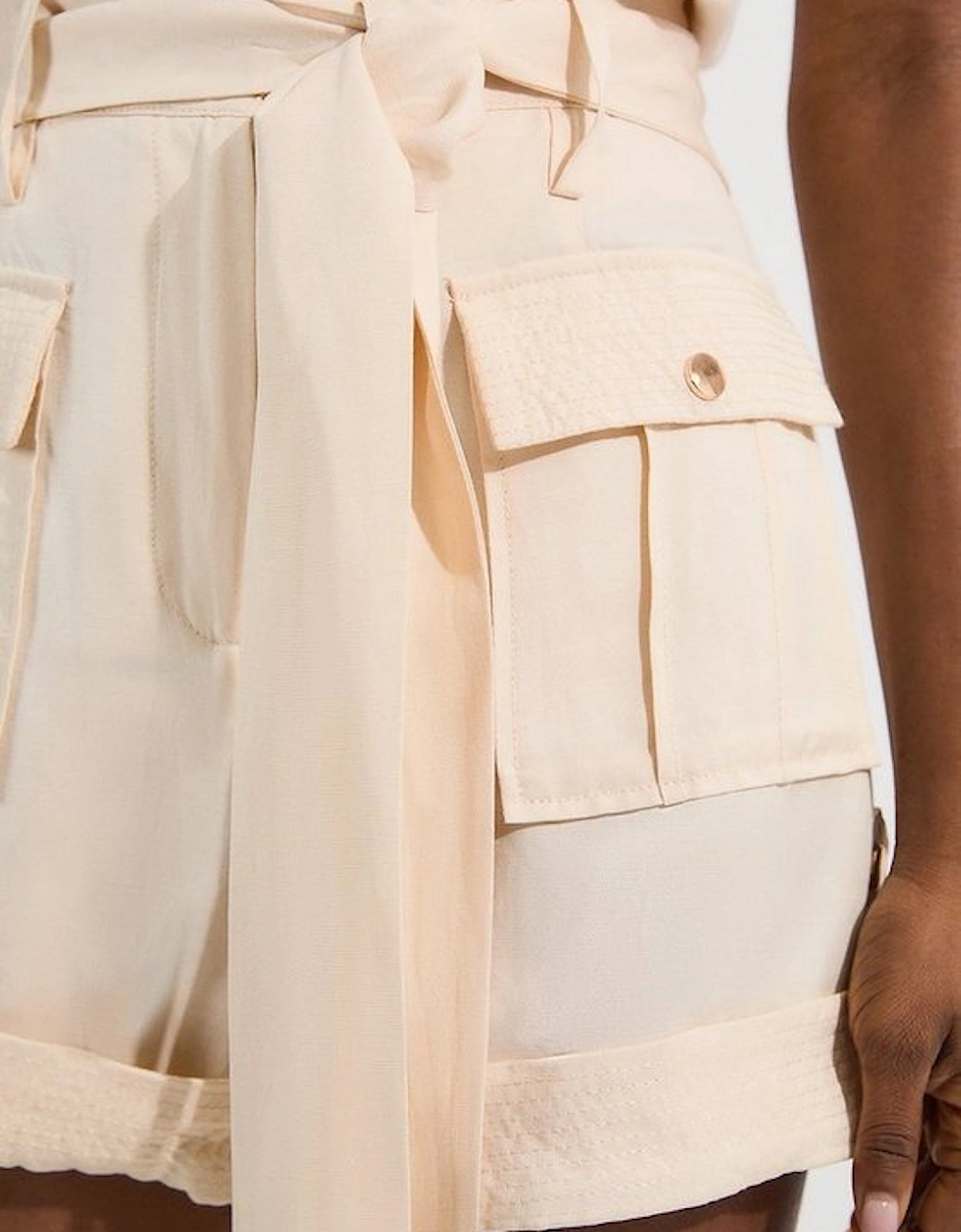 Linen Twill Top Stitch Belted Woven Short