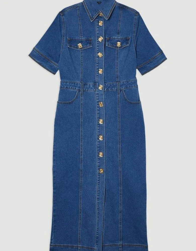 Denim Button Front Short Sleeve Pencil Midi Dress