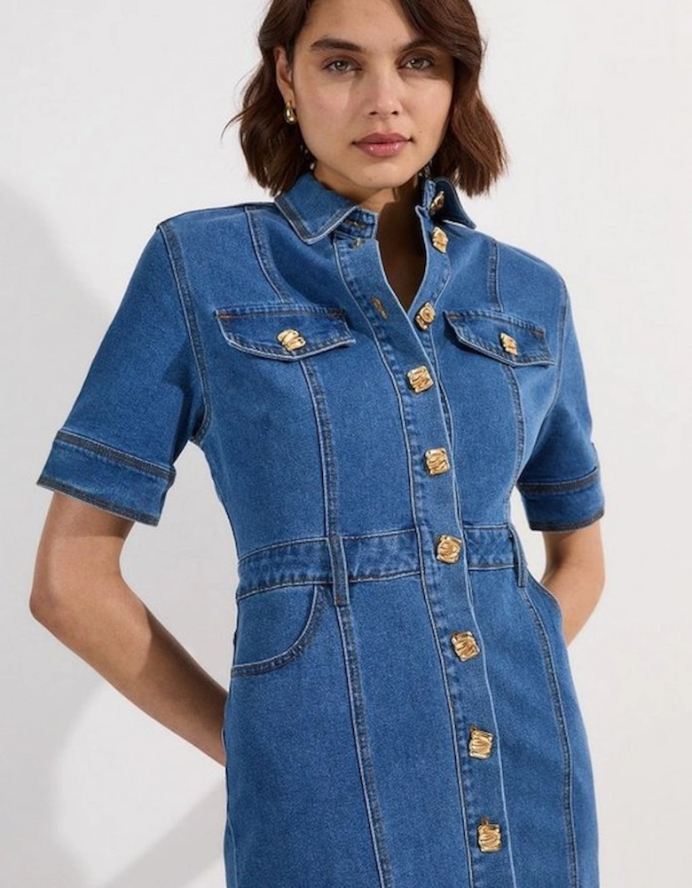 Denim Button Front Short Sleeve Pencil Midi Dress